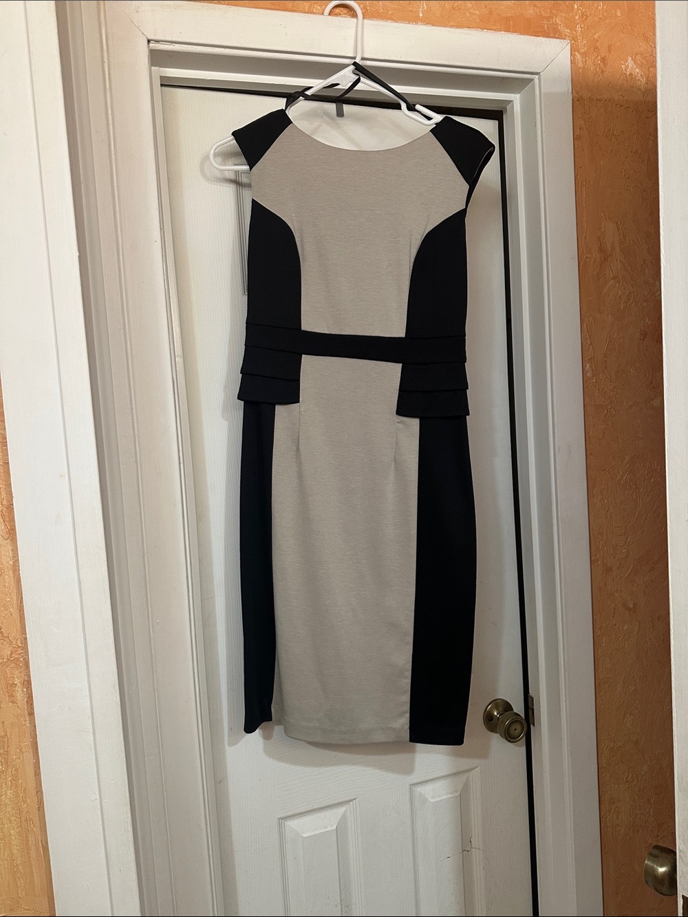 B. Smart Beige and Black Cap-Sleeve Sheath Dress